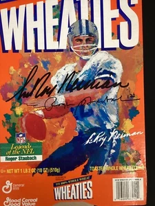Caja de cereales firmada por Roger Staubach Wheaties fútbol automático con LeRoy Neiman Sig JSA - Imagen 1 de 5