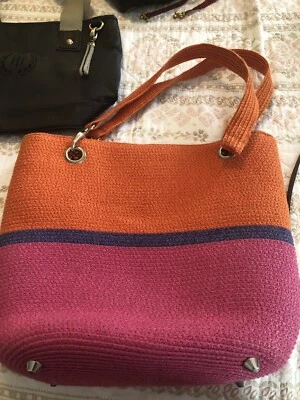Paper Straw Orange Pink And Blue Tote Orange Lining - Image 1 of 4