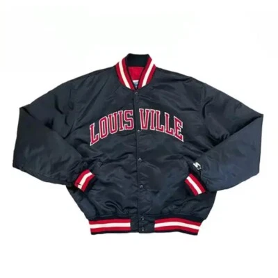 University of Louisville Cardinals Black Satin Varsity Jacket 80’s Vintage Style - Image 1 of 3