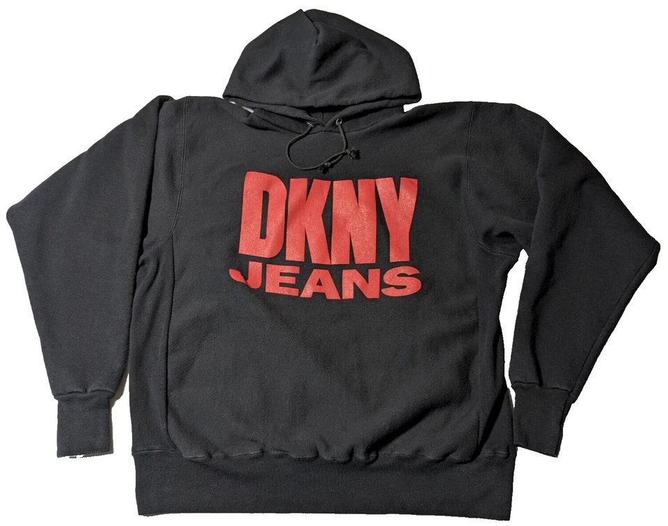 DE COLECCIÓN DKNY JEANS Hombres Talla Única Negro LOGOTIPO HECHIZO Pullover Sudadera con Capucha Hecho en EE. UU. Foto 1 de 4