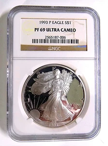 1993-P Proof American Silver Eagle NGC PF69UC Brown Label No Spots White Finish - Picture 1 of 3
