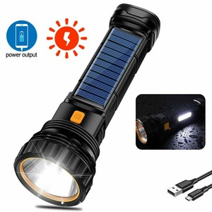 Solar Led Flashlight USB Rechargeable Flashlight Outdoor Emergency Power Bank 