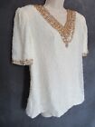 Laurence Kazar Ny White Silk Gold Silver Beaded Sequin Short Sleeve Formal Top L