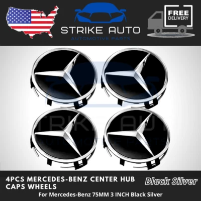 Tapacubos centrales de rueda Mercedes Benz negros y plateados 75 mm 4 piezas nuevos OEM actualización AMG Foto 1 de 4