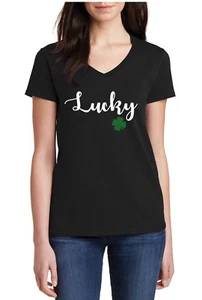 Womens V-neck Lucky - St. Patrick’s Day Shirt, Green Clover Irish Shamrock Tee - Picture 1 of 3