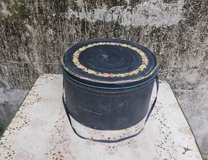Antique Black Tin Hat Box Rose Wreath Design Lined with Blue Stripes - Picture 1 of 9