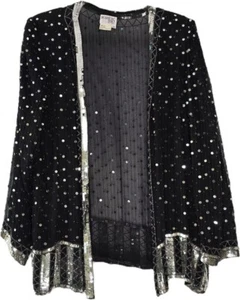 VTG Brownstone Studio Silver Sequin 100% Silk Open Front Jacket Size 20 Black - Picture 1 of 7