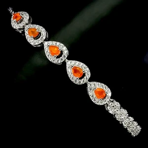 925 Sterling Silver Bracelet Pear Orange Opal 4x3mm Natural Gemstone Jewelry 7in - Picture 1 of 13