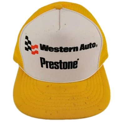 Gorra de camionero vintage Western Auto Prestone amarilla blanca malla Snapback Foto 1 de 4