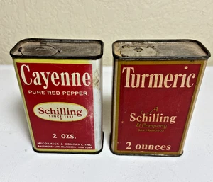 Vintage pair Schilling Spice Tins, Cayenne & Turmeric - 2 oz tins -rotating top - Picture 1 of 7
