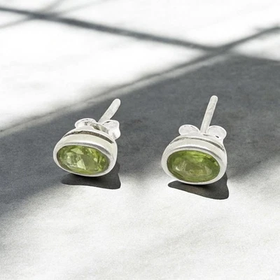 925 Sterling Silver Natural Peridot August Stud Earrings Christmas Gift Jewelry - Image 1 of 4
