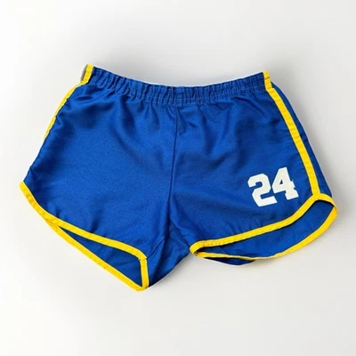 Vintage 1970s Runner Up USA Blue Yellow Trim Athletic Shorts #24, Size Large  - Image 1 of 4