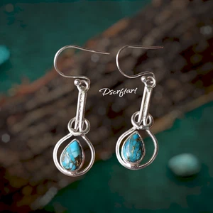 Blue Copper Turquoise Drop Earrings, Woman Handmade Dangle Earring - Picture 1 of 9