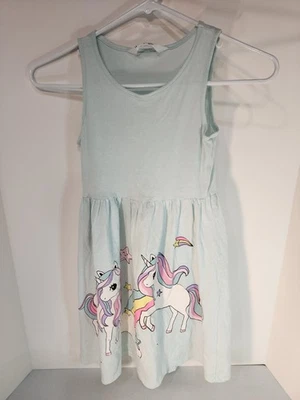 H&M girls teal sleeveless dress with unicorns Size 8-10 - Image 1 of 4