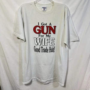 T-shirt novità anni 90 Distressed maglietta XL ho una pistola per mia moglie buon commercio eh! - Foto 1 di 8
