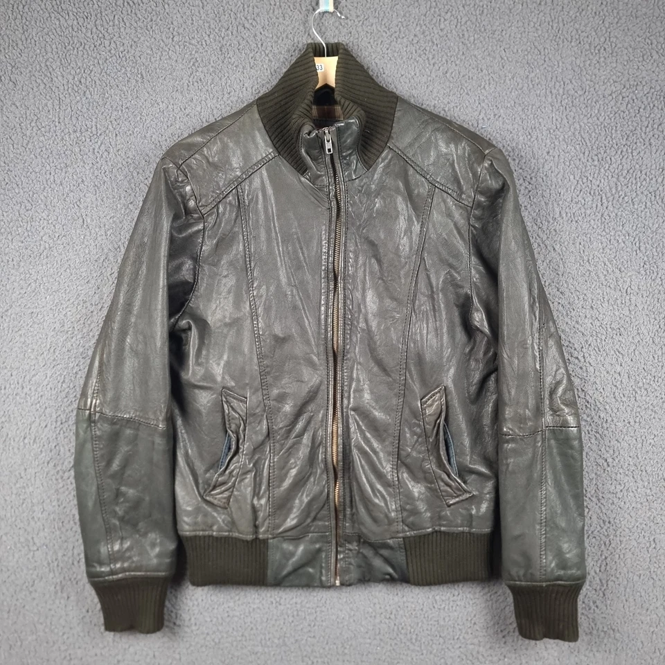 JACK & JONES Goat Leather Jacket Mens L Large Brown Biker Bomber Distressed Zip - Image 1 of 4