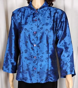 Womens Large Blue Shiny Jacquard Blouse Black Rose Design Boho Luxe Retro Glam - Picture 1 of 16