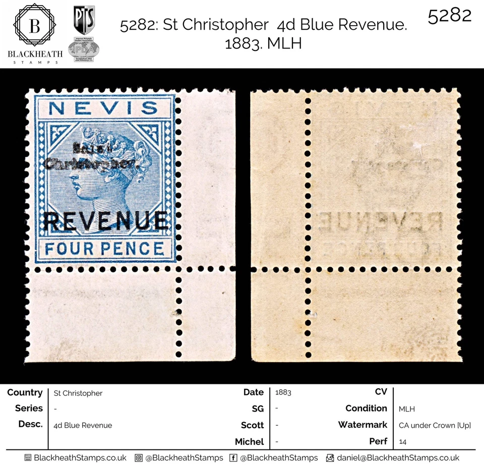 5282 St Christopher 4d Blue Revenue. 1883. MLH Foto 1 de 4