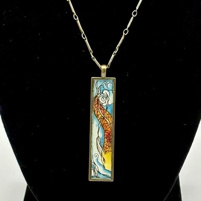 "Collar colgante rectangular 2 X 0,25"" obra de arte de peces koi respaldo de latón naranja"  Foto 1 de 4