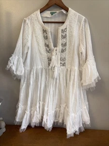 Giacomo Cinque White Embroidered Peasant Mini Dress One Size/FS Boho  100% Cotto - Picture 1 of 6