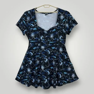 Hot Topic Dress Womens 3 Black Blue Celestial Sun Moon Print Short Sleeve Skater - Picture 1 of 9