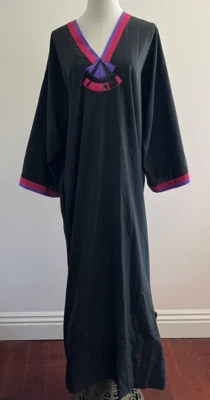 Vintage Designer Long Caftan Bill Tice Slinky Black w/ Pink Purple Beads Pockets - Image 1 of 4