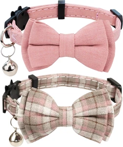 Cat Collar Breakaway Bowtie Safety with Bell Adjustbale Kitten Puppy Solid Plaid - Picture 1 of 12