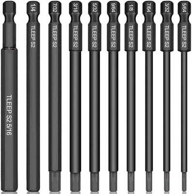 10 x Long 100MM 1/4 Inch Hex Head Allen Wrench Drill Bits, 5/16” to 5/64”, SAE, - Image 1 of 4