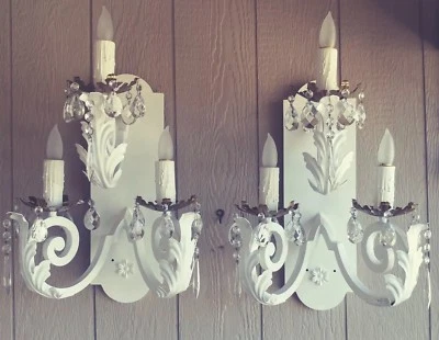 2 Vintage Wrought Iron Tole White Gold Large Sconces Crystal Candle Lite Redone  - Image 1 of 4