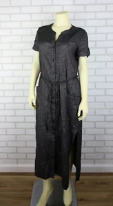 Theory Linen Rolled Short Sleeve Shirt Dress Sz 10 Tierra Black Chambray Belted - Picture 1 of 14