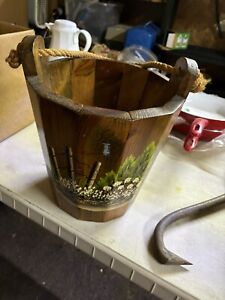 Wooden Bucket With Hand Painted Picture Vintage