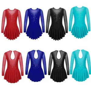 Kids Girls Rhinestone Ballet Dance Dress Mesh Figure Ice Skating Leotard Dresses - Picture 1 of 48