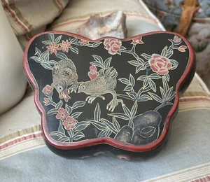 Vintage chinesische schwarz lackierte Schmetterling Langlebigkeit verheißungsvolle Box 6,5" - Bild 1 von 7