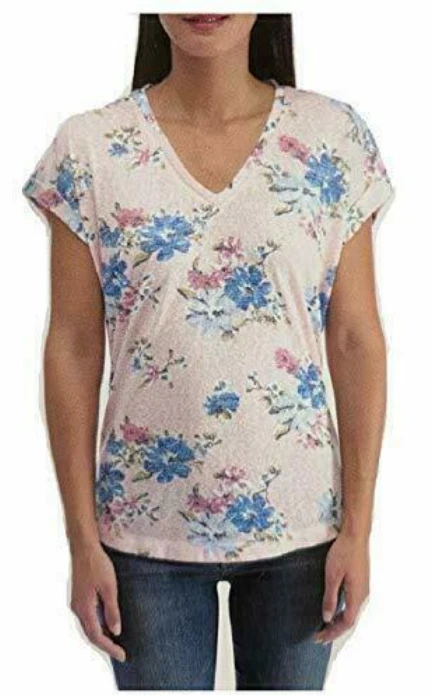 Bobeau V Neck Casual Shirt Short Sleeve Round Hem Pink Floral Ladies Size L