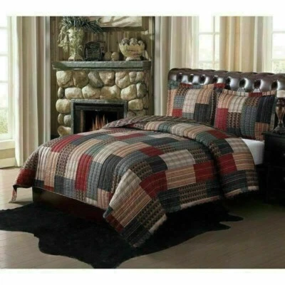 Queen Quilt Set Full Rustic Lodge Farm Bedding Cabin Country Patchwork Design 3P - Image 1 of 4