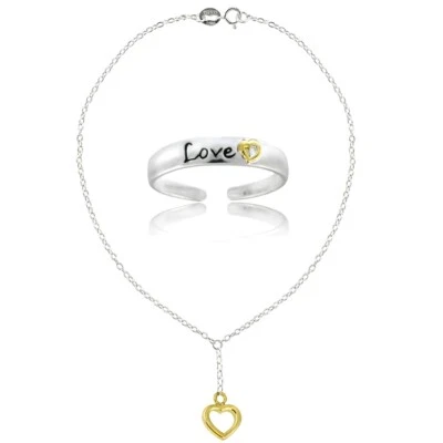 Juego de anillos de plata de ley de dos tonos corazón amor tobillera y dedo del pie Foto 1 de 4