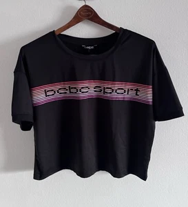 Bebe Sport Graphic Tee Cropped Jersey Style Sleeve Hem T-shirt Streetwear Sz L - Picture 1 of 7
