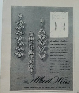1954 Albert Weiss shoulder dusters dangle earrings vintage jewelry ad - Picture 1 of 1