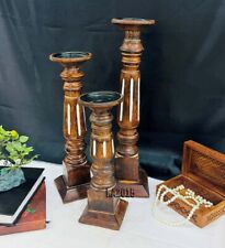 Antique Hand Carved Wooden, Design Candle Stand (Set of 3) Brown Shiny Round
