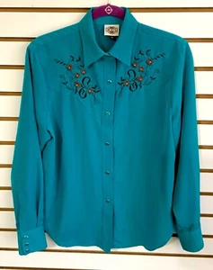 Vtg Women’s Rods Western Shirt Top Blouse Medium Dark Teal Blue Pearl Snaps - Picture 1 of 9