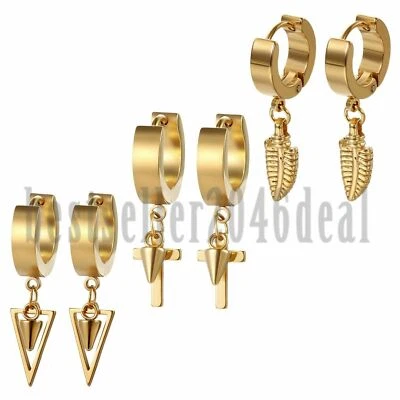 Stainless Steel Huggie Hinged Hoop Earrings Men Women Dangle Feather Rivet Cross - Image 1 of 4