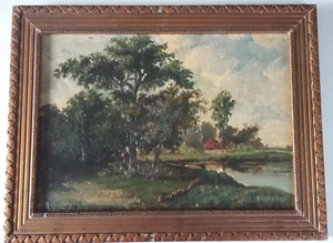 Ölbild Haus am Wasser Mahagoni Holz Monogramm Landschaft Haus Bäume Rahmen M.A. - Bild 1 von 6