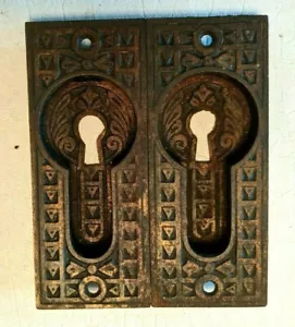2 Antique Ornate Cast Iron Door Pocket Plates w/ Keyhole #5844 Eastlake Hardware - Picture 1 of 4