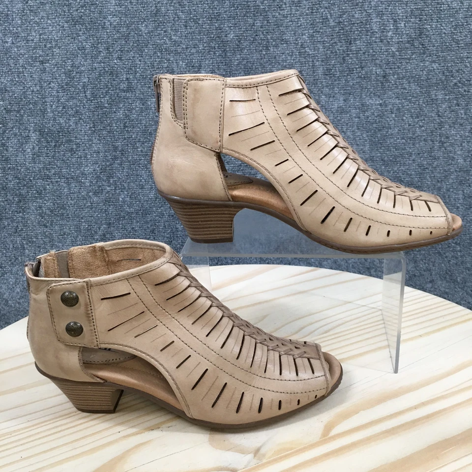 Earth Boots Mujer 7.5B Vicki Espalda Cremallera Punta abierta Botín Cuero Marrón Tacones Foto 1 de 4