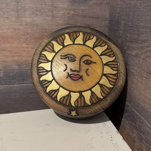 Hand Carved Wood Celestial Sun Witch Jewelry Trinket Circular Stash Box - Picture 1 of 7