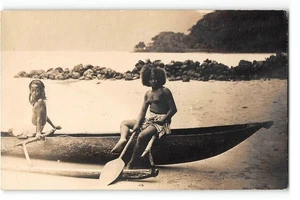RPPC Natives Canoe Topless Woman Hawaii? Tahiti? 1910s Antique Photo Postcard - Picture 1 of 2