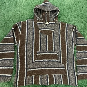 VTG Baja Mexican Woven Gray | Brown Large Pullover Hoodie Sweatshirt Pocket  - Picture 1 of 6