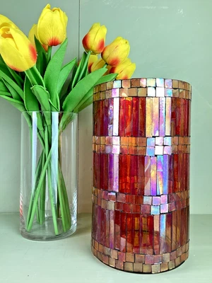 Iridescent Mosaic Glass Vase Candleholder Red Gold Vintage - Image 1 of 4