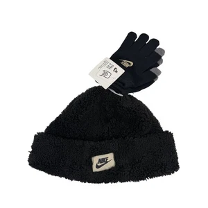 Nike Cozy Peak Kids Black Beanie Hat and Gloves Set Winter Warm Unisex 2 PC SET - Picture 1 of 7
