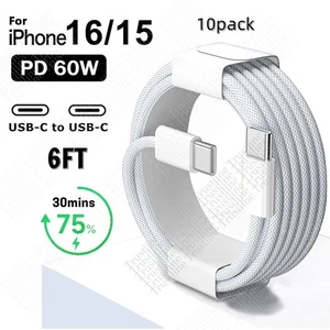 10 pack 6ft Braided USB-C to USB-C Fast Charger Cable For iPhone 16 15 Pro Max - Picture 1 of 7